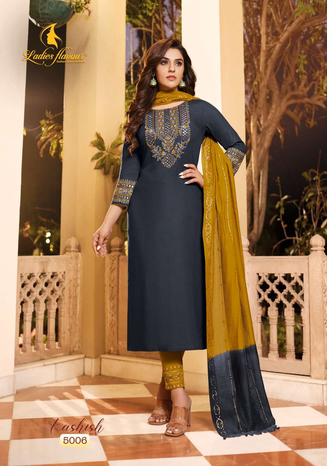 Kashish Vol-5 By Ladies Flavour 5001 To 5006 Series Beautiful Sharara Suits Colorful Stylish Fancy Casual Wear & Ethnic Wear Pure Rayon Embroidered Dresses At Wholesale Price