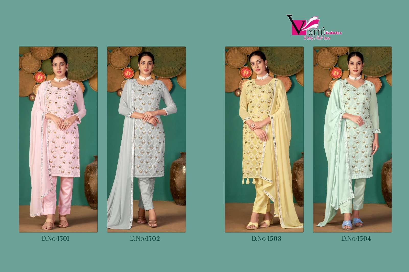 Zeeya Ruhani By Varni Fabrics 1501 To 1504 Series Beautiful Suits Colorful Stylish Fancy Casual Wear & Ethnic Wear Faux Georgette Dresses At Wholesale Price