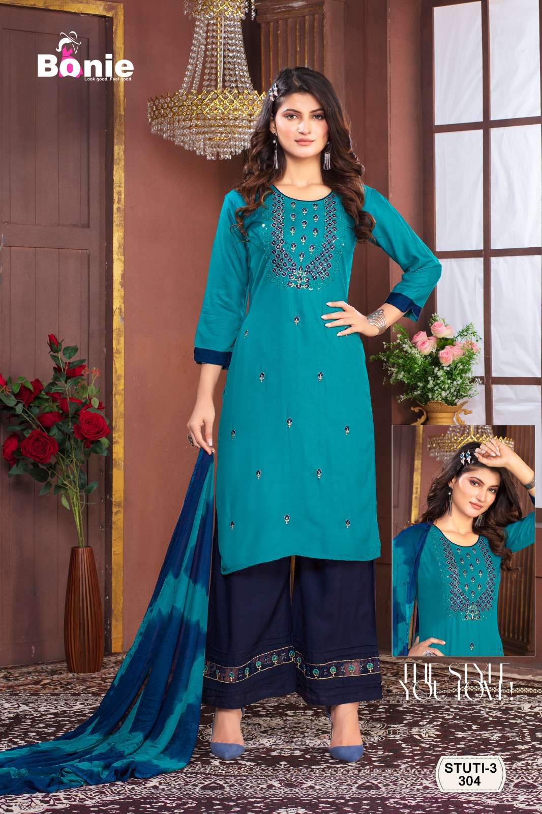 Stuti Vol-3 By Bonie 301 To 308 Series Designer Festive Suits Beautiful Fancy Stylish Colorful Party Wear & Occasional Wear Heavy Rayon Dresses At Wholesale Price