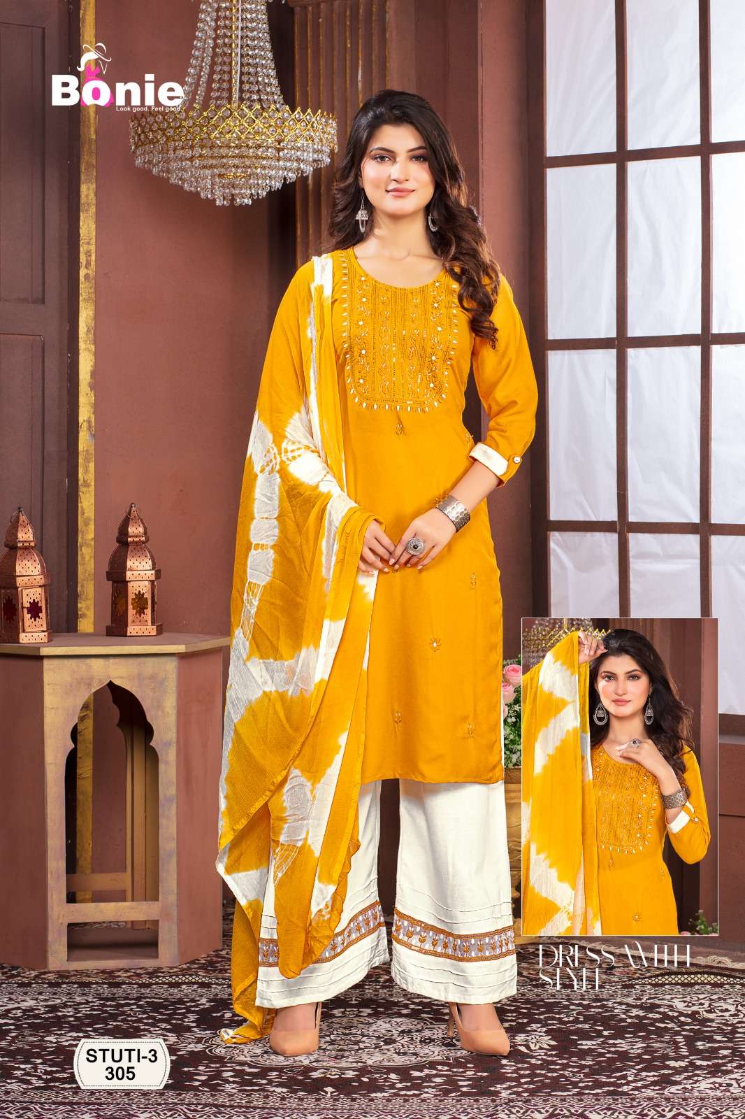 Stuti Vol-3 By Bonie 301 To 308 Series Designer Festive Suits Beautiful Fancy Stylish Colorful Party Wear & Occasional Wear Heavy Rayon Dresses At Wholesale Price