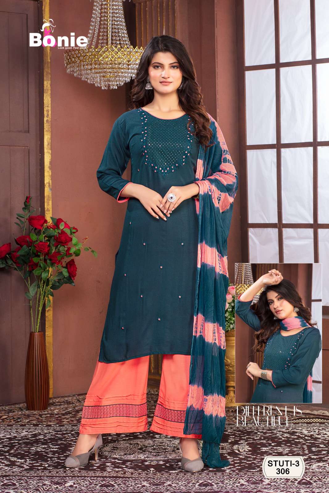 Stuti Vol-3 By Bonie 301 To 308 Series Designer Festive Suits Beautiful Fancy Stylish Colorful Party Wear & Occasional Wear Heavy Rayon Dresses At Wholesale Price