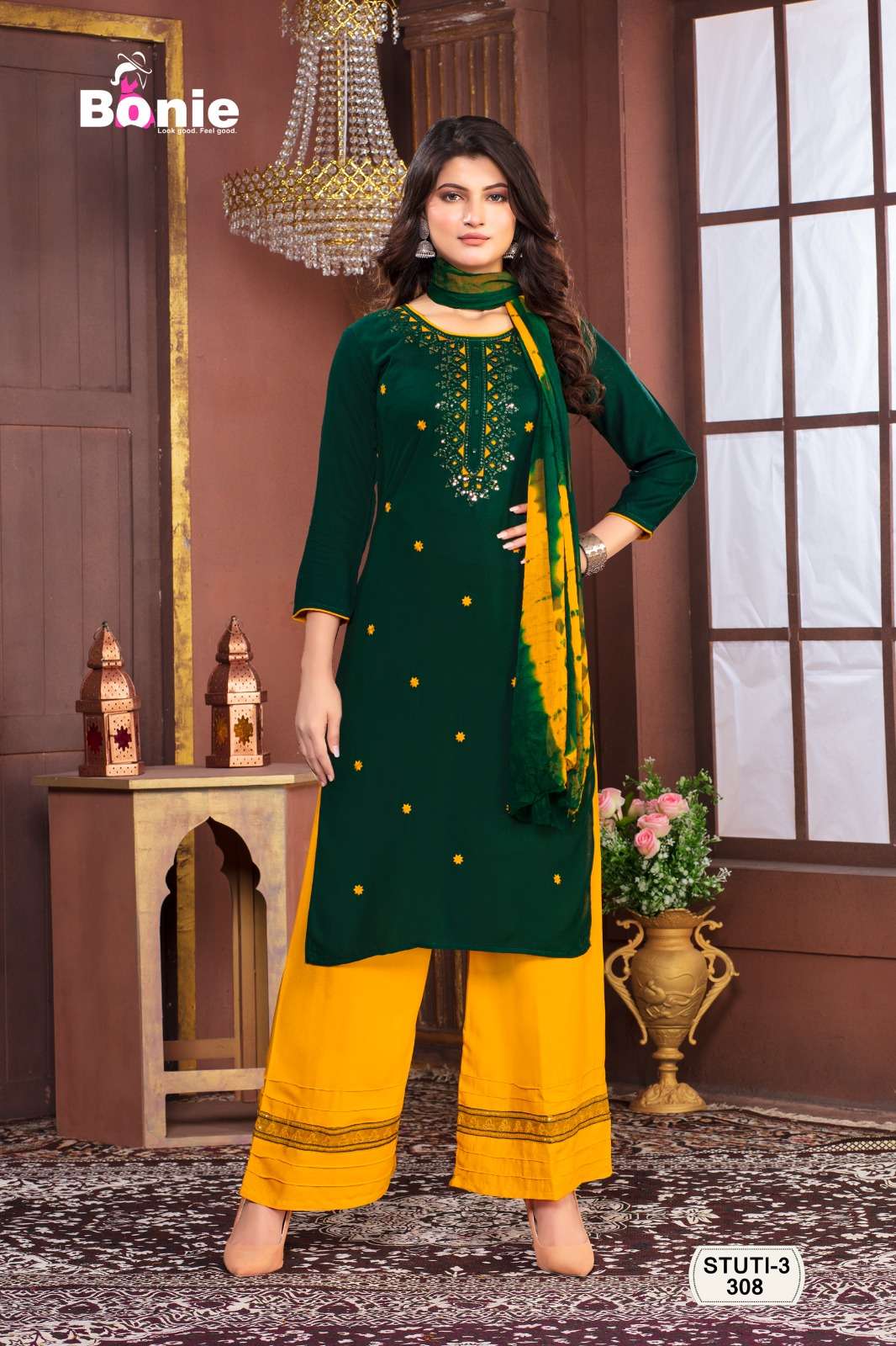 Stuti Vol-3 By Bonie 301 To 308 Series Designer Festive Suits Beautiful Fancy Stylish Colorful Party Wear & Occasional Wear Heavy Rayon Dresses At Wholesale Price