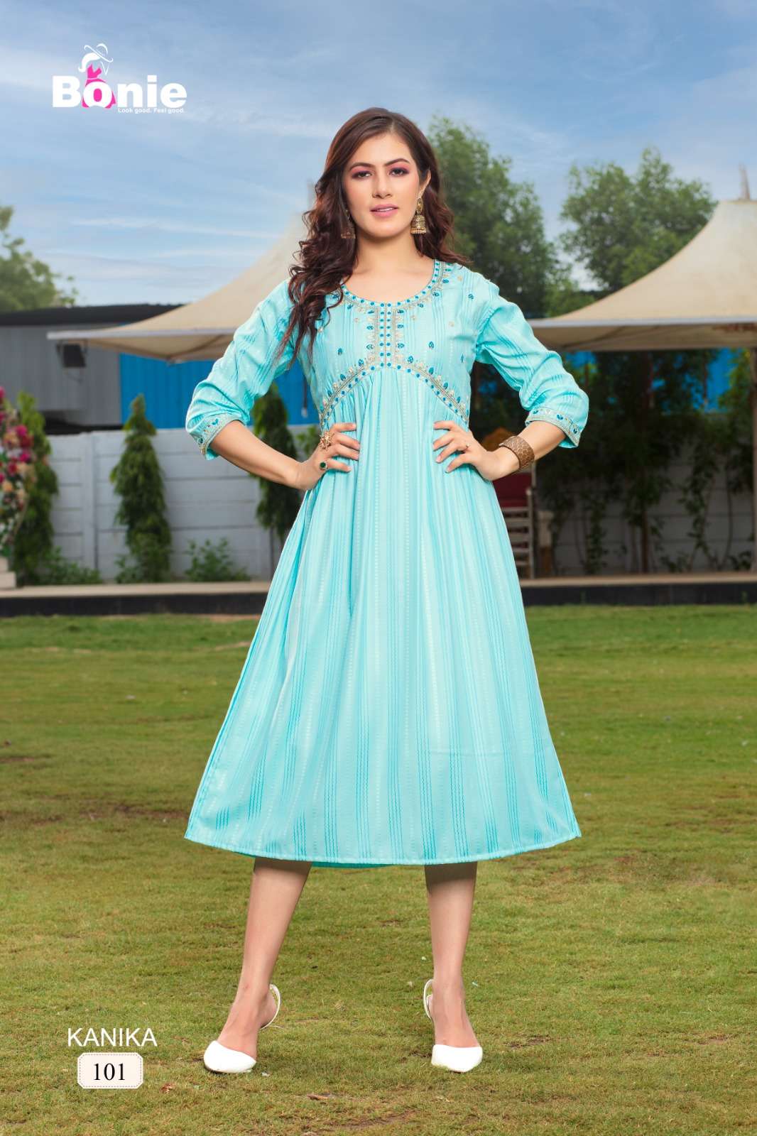 Kanika By Bonie 101 To 106 Series Beautiful Stylish Fancy Colorful Casual Wear & Ethnic Wear Rayon With Work Kurtis At Wholesale Price