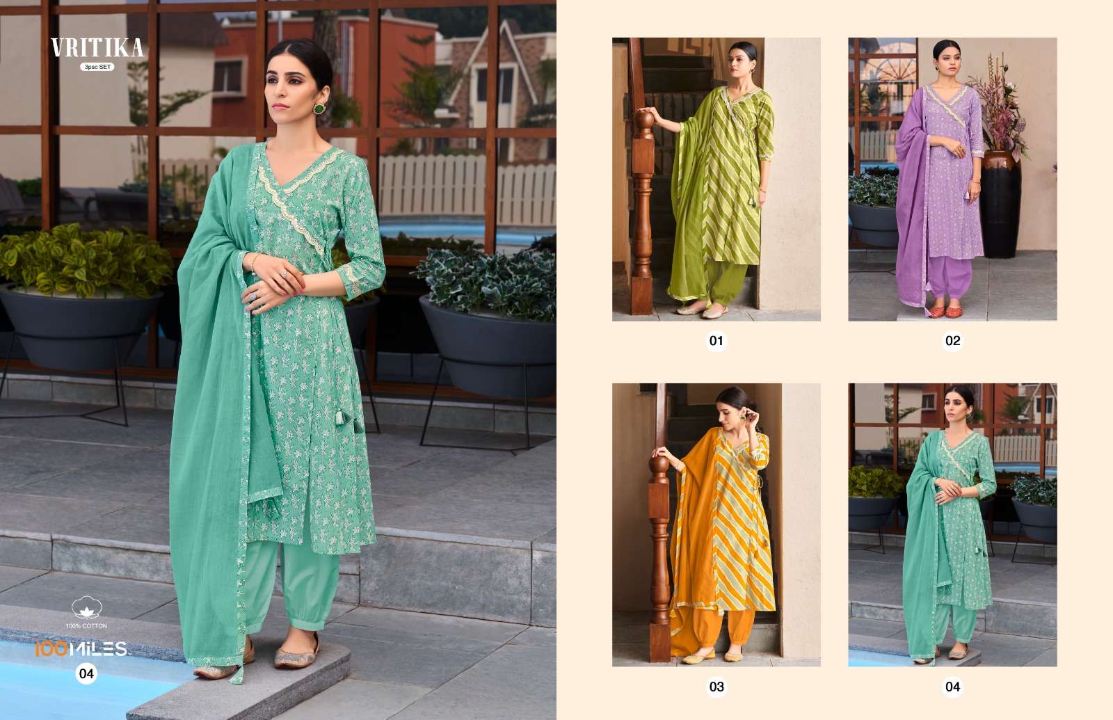 Vritika By 100 Miles 01 To 04 Series Designer Festive Suits Beautiful Fancy Stylish Colorful Party Wear & Occasional Wear Pure Cotton Dresses At Wholesale Price