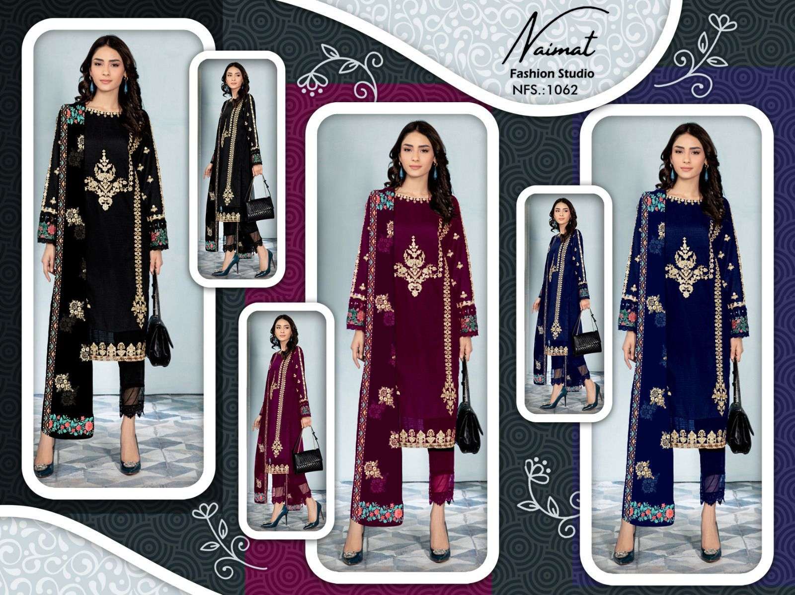 Naimat-1062 Colours By Naimat Fashion Studio 1062-A To 1062-C Series Beautiful Festive Suits Colorful Stylish Fancy Casual Wear & Ethnic Wear Faux Georgette Dresses At Wholesale Price