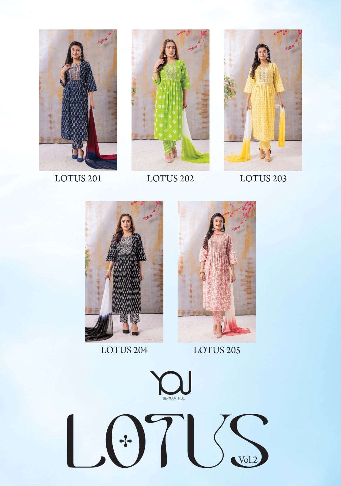 Lotus Vol-2 By You 201 To 205 Series Beautiful Festive Suits Stylish Colorful Fancy Casual Wear & Ethnic Wear Pure Cambric Dresses At Wholesale Price
