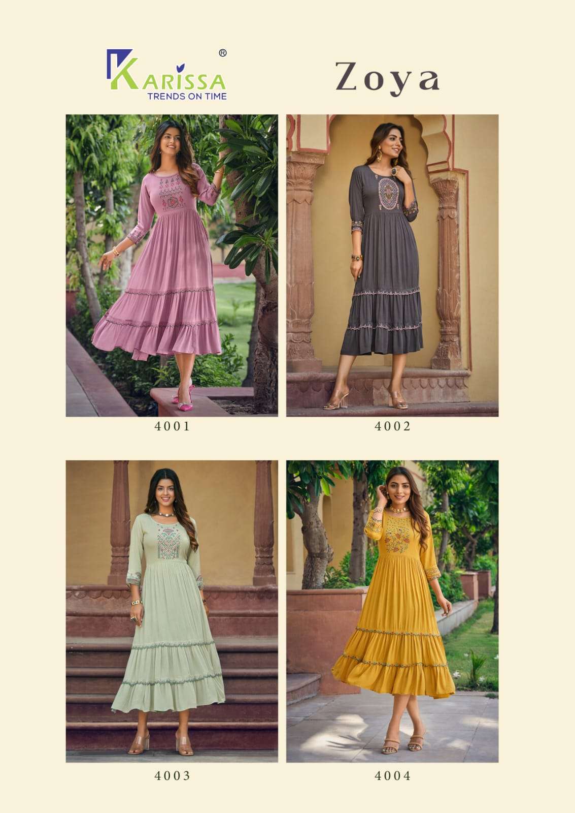 Zoya By Karissa 1001 To 1004 Series Beautiful Suits Colorful Stylish Fancy Casual Wear & Ethnic Wear Rayon Print Gowns At Wholesale Price