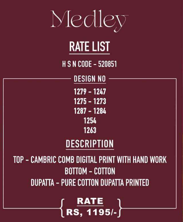 Medley By Sudriti Beautiful Suits Colorful Stylish Fancy Casual Wear & Ethnic Wear Pure Cambric Print Dresses At Wholesale Price