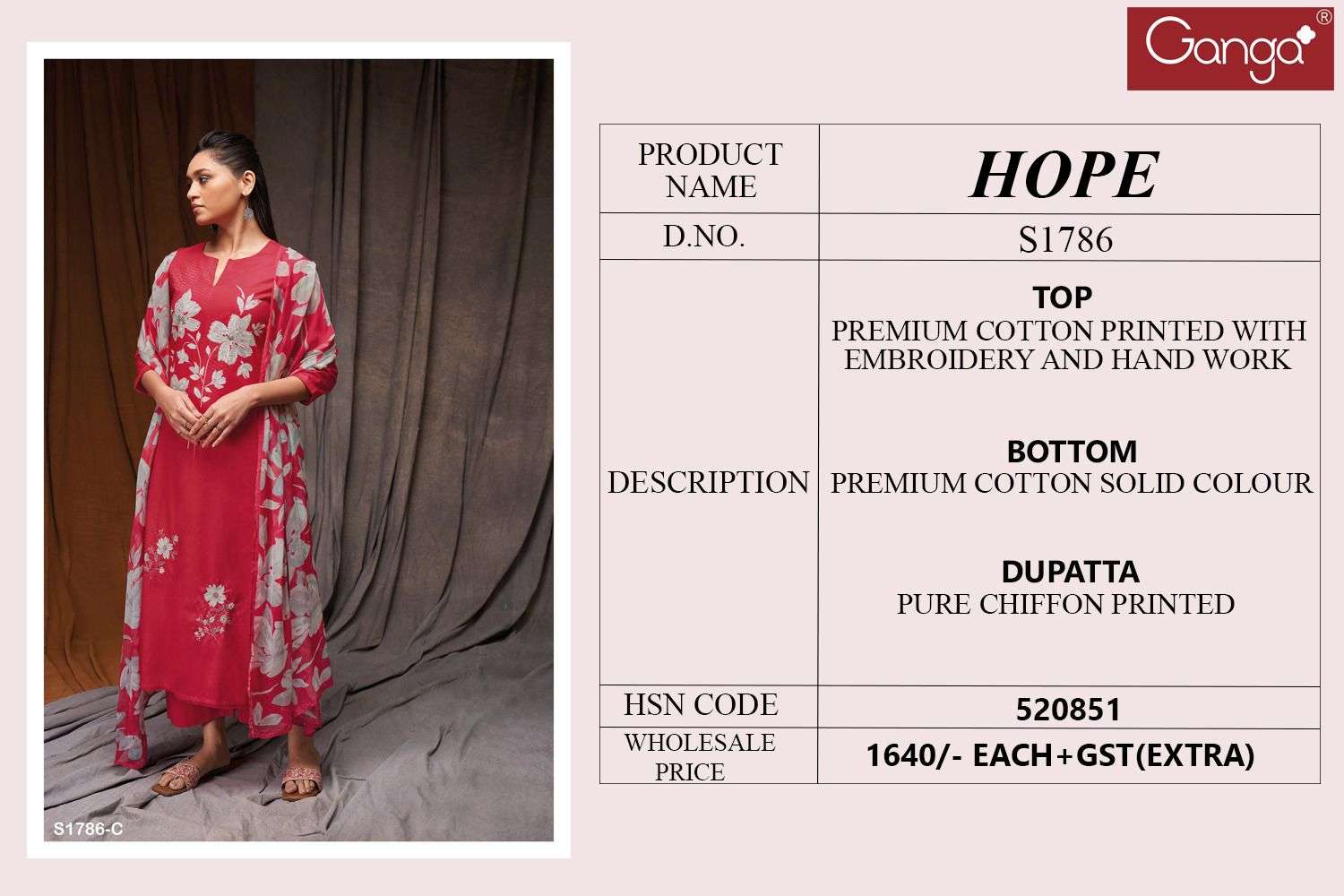Hope-1786 By Ganga Fashion 1786-A To 1786-D Series Beautiful Stylish Festive Suits Fancy Colorful Casual Wear & Ethnic Wear & Ready To Wear Cotton Print Dresses At Wholesale Price