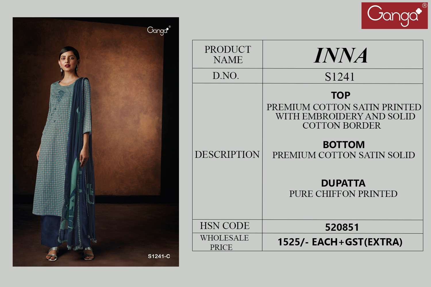Inna-1241 By Ganga Fashion 1241-A To 1241-D Series Beautiful Stylish Festive Suits Fancy Colorful Casual Wear & Ethnic Wear & Ready To Wear Cotton Satin Dresses At Wholesale Price
