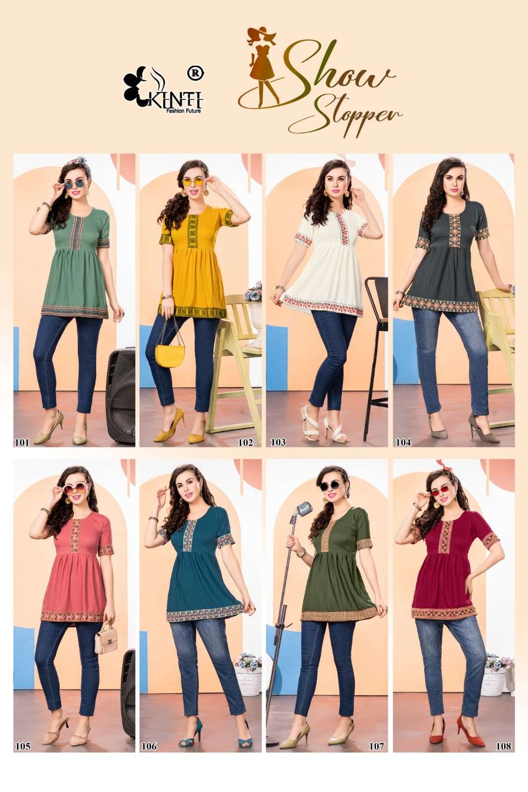 Show Stopper By Kinti 101 To 108 Series Designer Stylish Fancy Colorful Beautiful Party Wear & Ethnic Wear Collection Lycra Slub Tops At Wholesale Price
