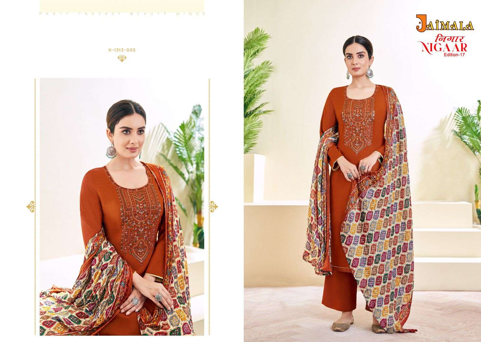 Nigaar Vol-17 By Jaimala 1313-001 To 1313-008 Series Beautiful Festive Suits Colorful Stylish Fancy Casual Wear & Ethnic Wear Pure Rayon Slub Embroidered Dresses At Wholesale Price