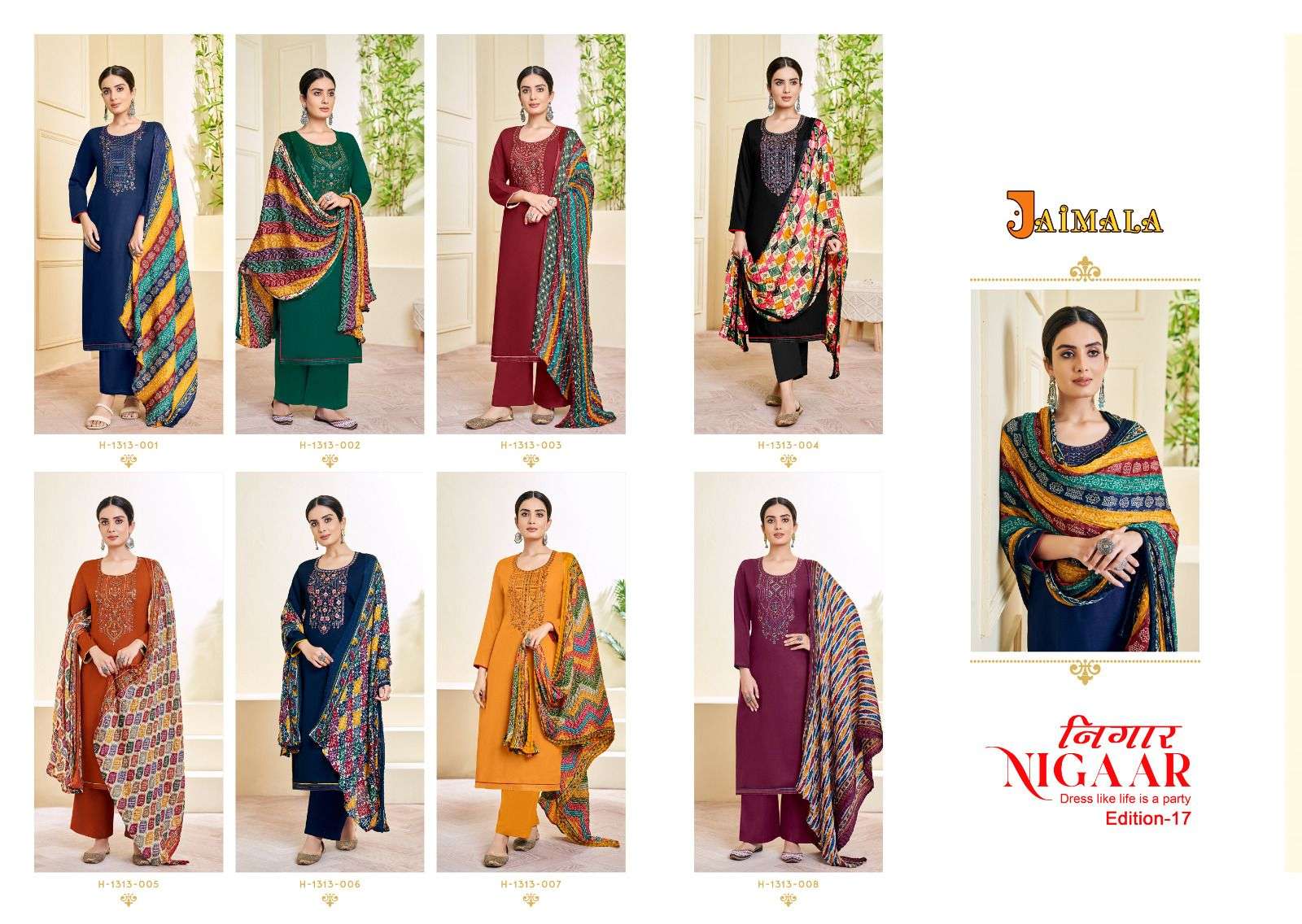 Nigaar Vol-17 By Jaimala 1313-001 To 1313-008 Series Beautiful Festive Suits Colorful Stylish Fancy Casual Wear & Ethnic Wear Pure Rayon Slub Embroidered Dresses At Wholesale Price