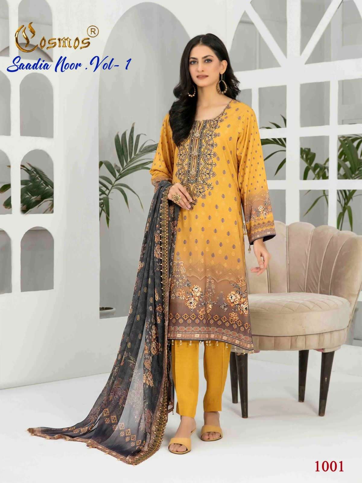 Saadia Noor Vol-1 By Cosmos 1001 To 1008 Series Beautiful Pakistani Suits Colorful Stylish Fancy Casual Wear & Ethnic Wear Pure Lawn With Embroidered Dresses At Wholesale Price