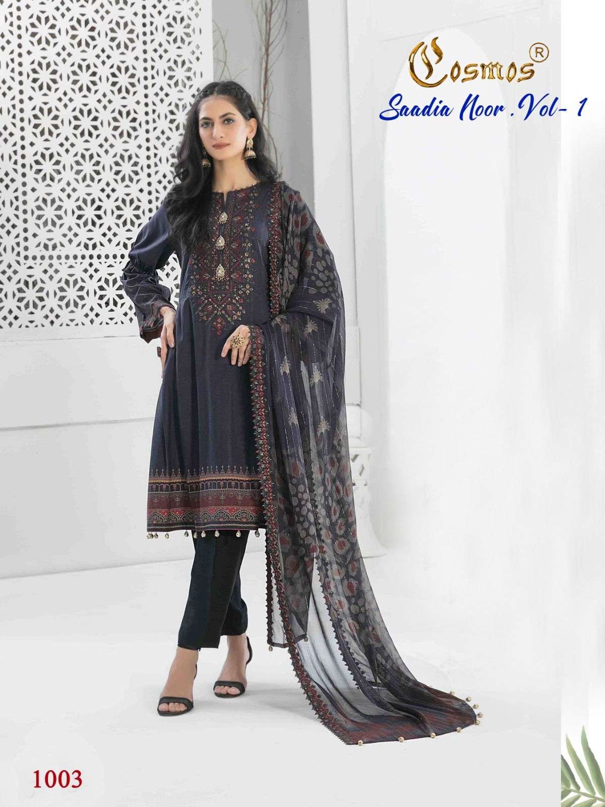 Saadia Noor Vol-1 By Cosmos 1001 To 1008 Series Beautiful Pakistani Suits Colorful Stylish Fancy Casual Wear & Ethnic Wear Pure Lawn With Embroidered Dresses At Wholesale Price