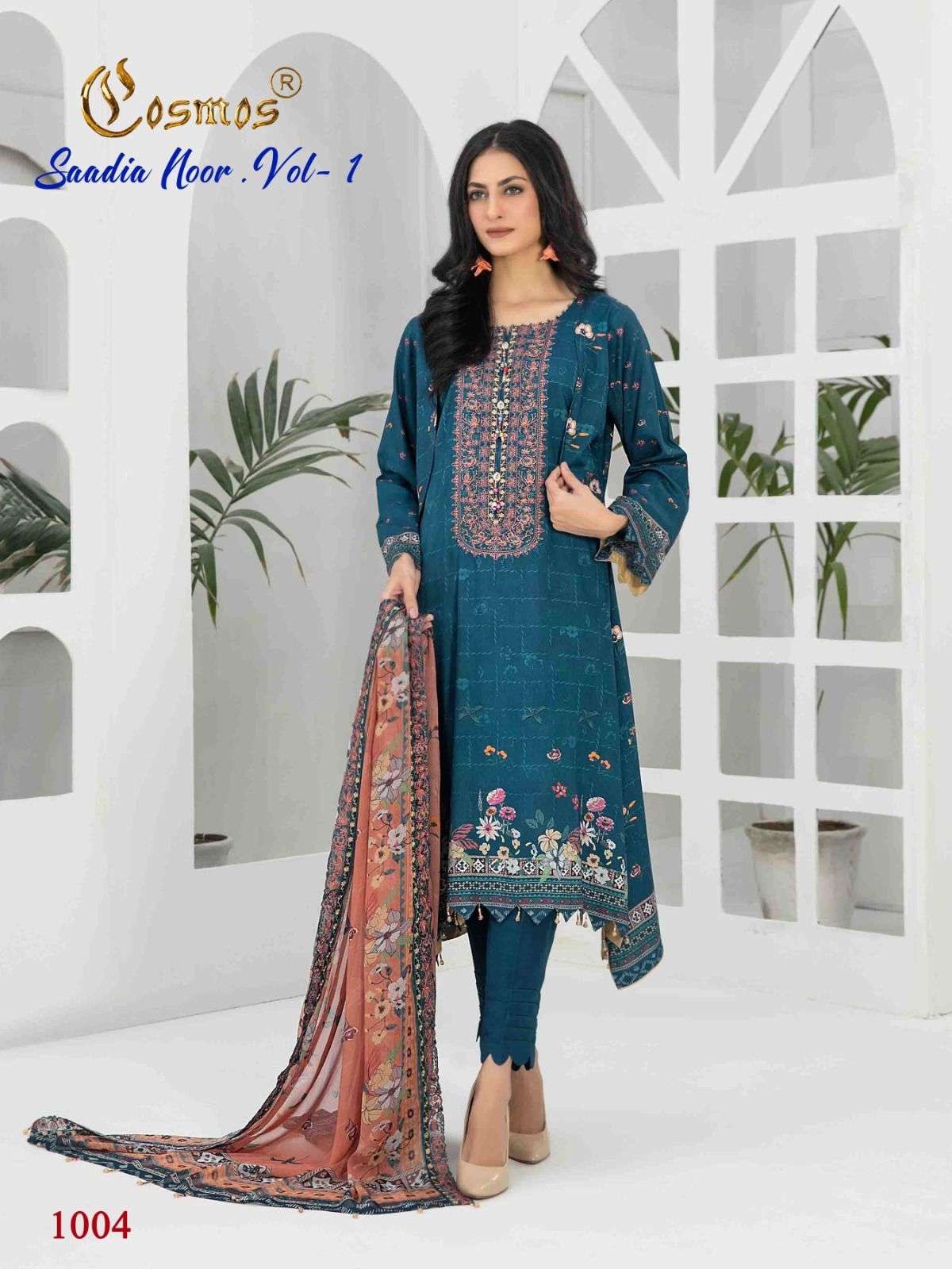 Saadia Noor Vol-1 By Cosmos 1001 To 1008 Series Beautiful Pakistani Suits Colorful Stylish Fancy Casual Wear & Ethnic Wear Pure Lawn With Embroidered Dresses At Wholesale Price
