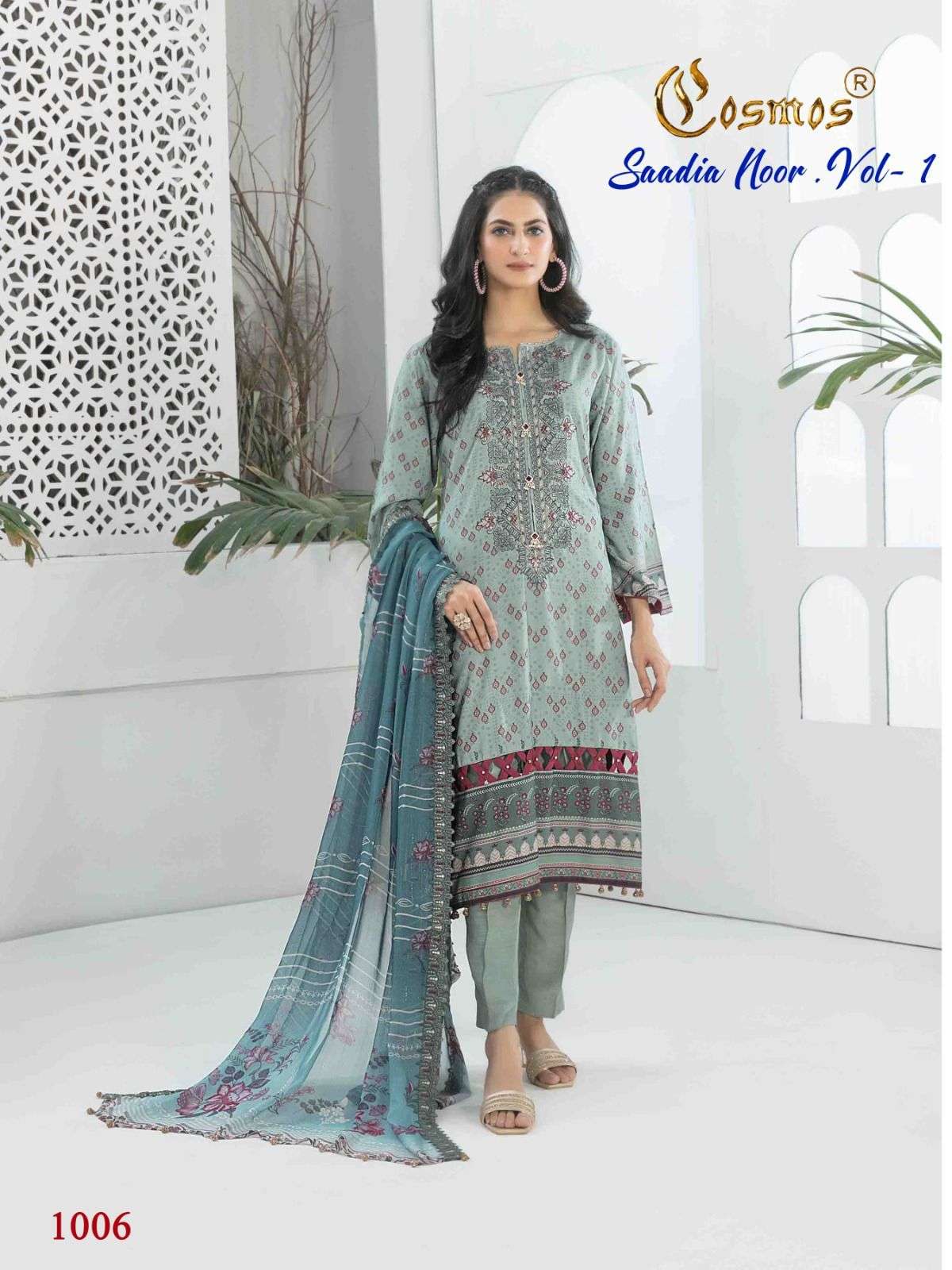 Saadia Noor Vol-1 By Cosmos 1001 To 1008 Series Beautiful Pakistani Suits Colorful Stylish Fancy Casual Wear & Ethnic Wear Pure Lawn With Embroidered Dresses At Wholesale Price