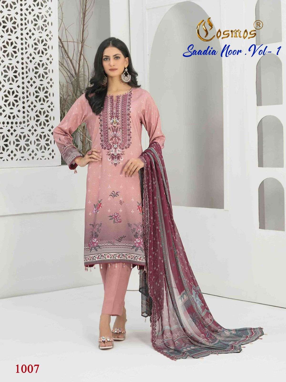 Saadia Noor Vol-1 By Cosmos 1001 To 1008 Series Beautiful Pakistani Suits Colorful Stylish Fancy Casual Wear & Ethnic Wear Pure Lawn With Embroidered Dresses At Wholesale Price