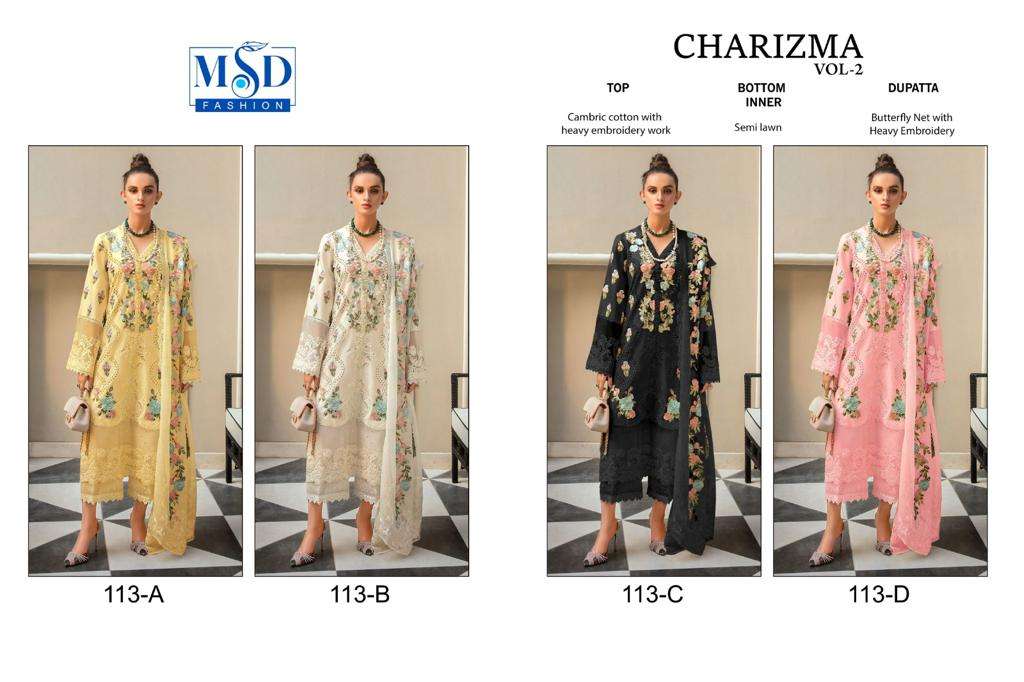 Charizma Vol-2 By Msd Fashion 113-A To 113-D Series Pakistani Suits Beautiful Fancy Colorful Stylish Party Wear & Occasional Wear Cambric Cotton Embroidered Dresses At Wholesale Price
