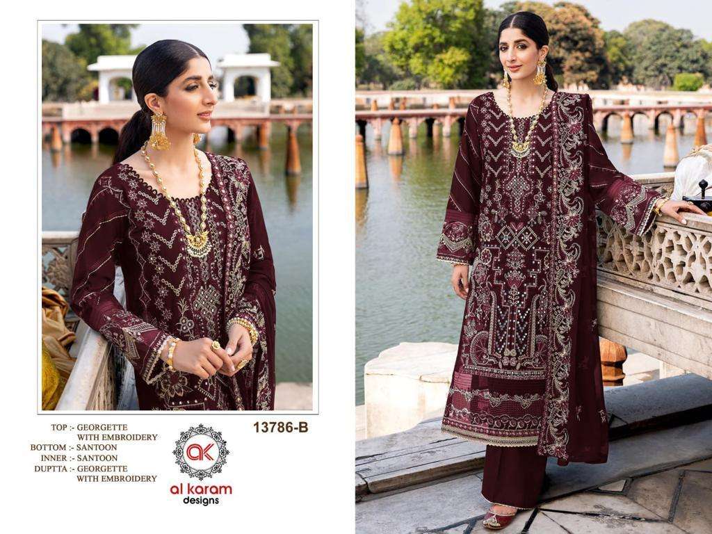 Al Karam 13786 Colours By Al Karam Designs 13786-A To 13786-E Series Beautiful Pakistani Suits Colorful Stylish Fancy Casual Wear & Ethnic Wear Heavy Georgette Embroidered Dresses At Wholesale Price
