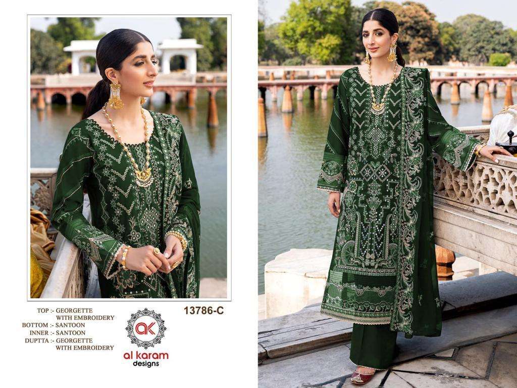 Al Karam 13786 Colours By Al Karam Designs 13786-A To 13786-E Series Beautiful Pakistani Suits Colorful Stylish Fancy Casual Wear & Ethnic Wear Heavy Georgette Embroidered Dresses At Wholesale Price
