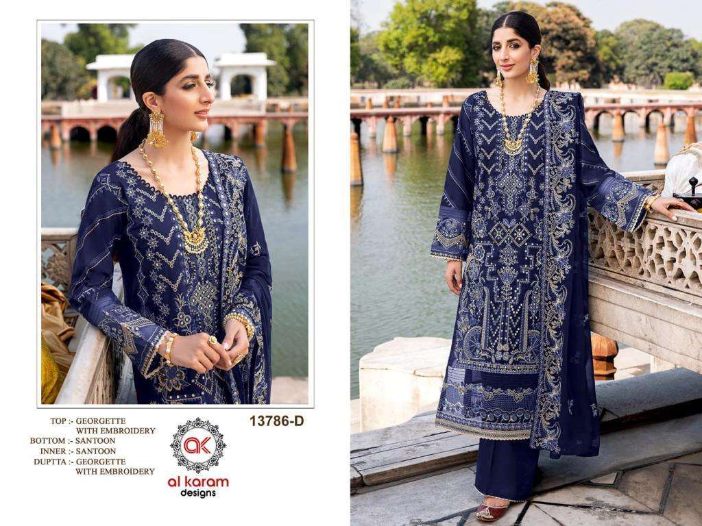 Al Karam 13786 Colours By Al Karam Designs 13786-A To 13786-E Series Beautiful Pakistani Suits Colorful Stylish Fancy Casual Wear & Ethnic Wear Heavy Georgette Embroidered Dresses At Wholesale Price