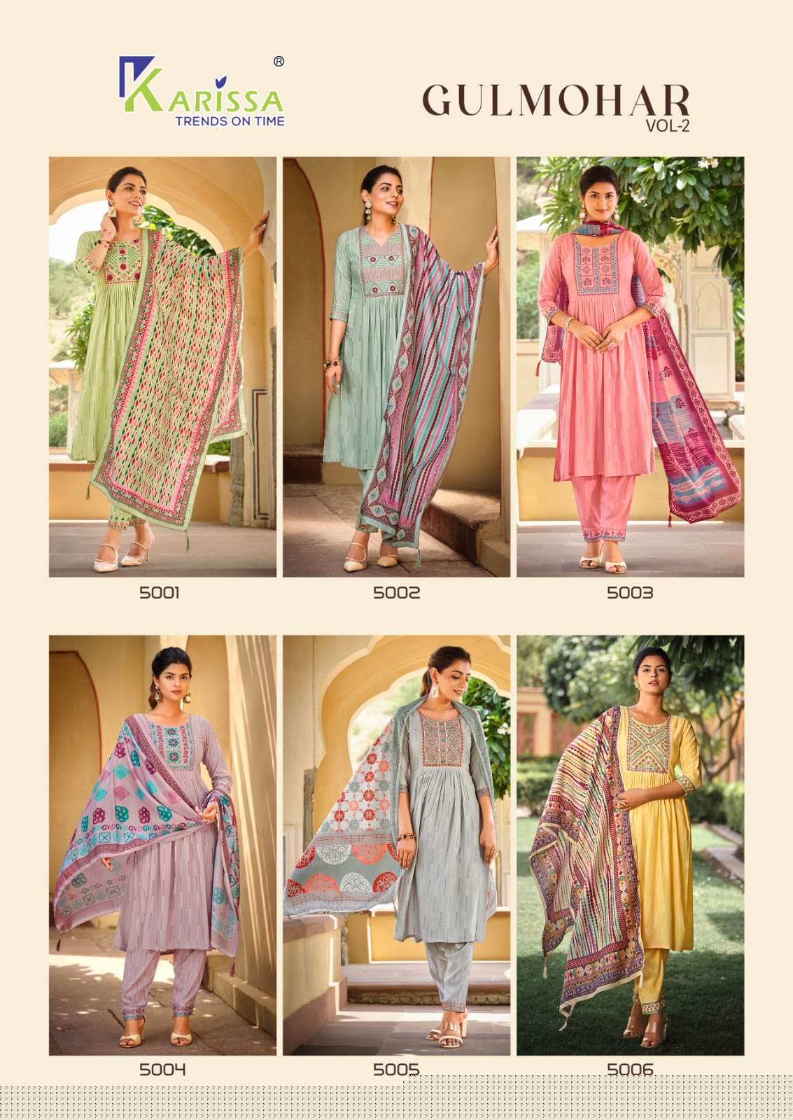 Gulmohar Vol-2 By Karissa 5001 To 5006 Series Beautiful Winter Collection Suits Stylish Fancy Colorful Casual Wear & Ethnic Wear Rayon Print Dresses At Wholesale Price