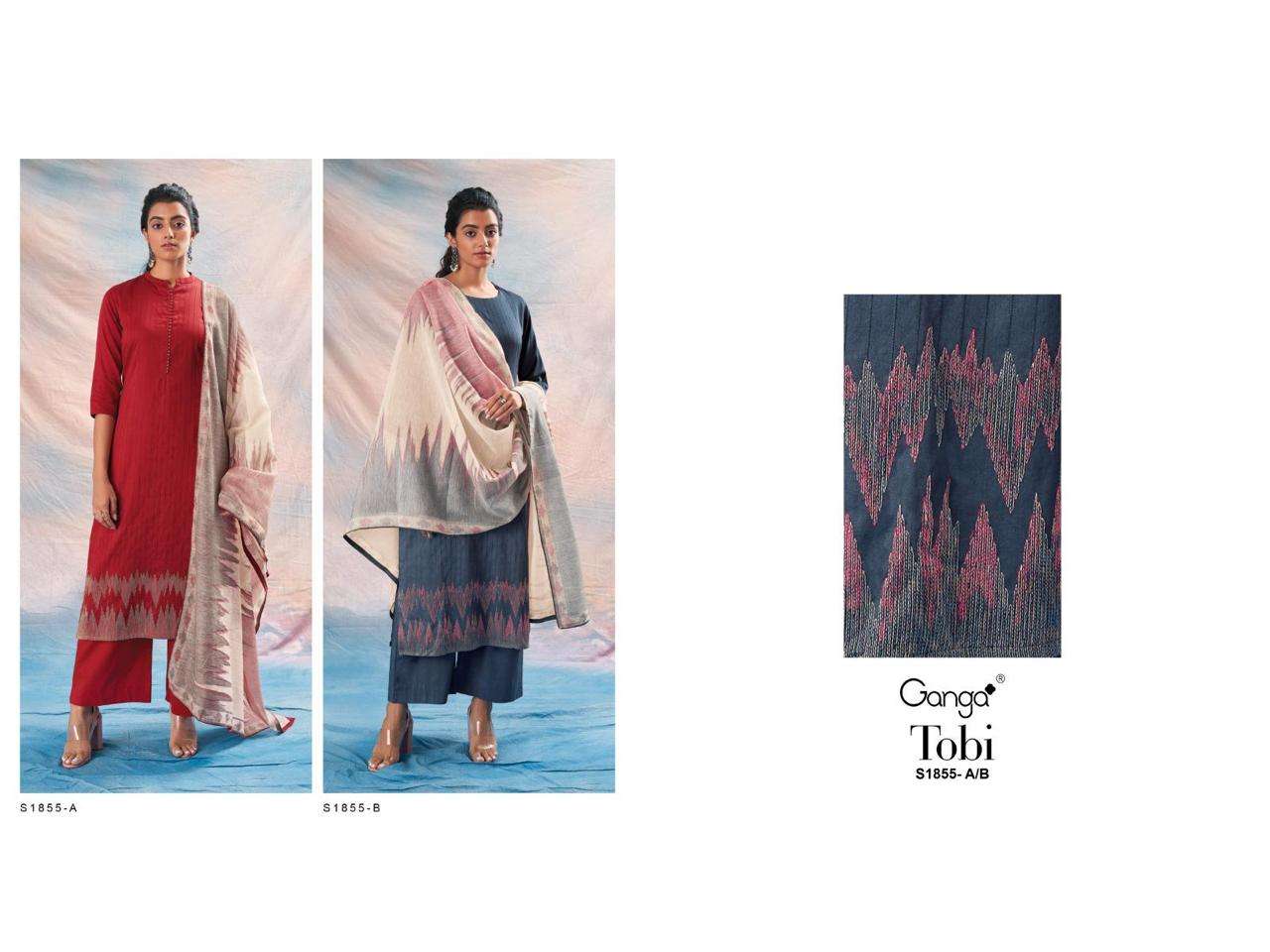 Tobi-1855 By Ganga Fashion 1855-A To 1855-B Series Beautiful Stylish Festive Suits Fancy Colorful Casual Wear & Ethnic Wear & Ready To Wear Cotton Silk Print Dresses At Wholesale Price
