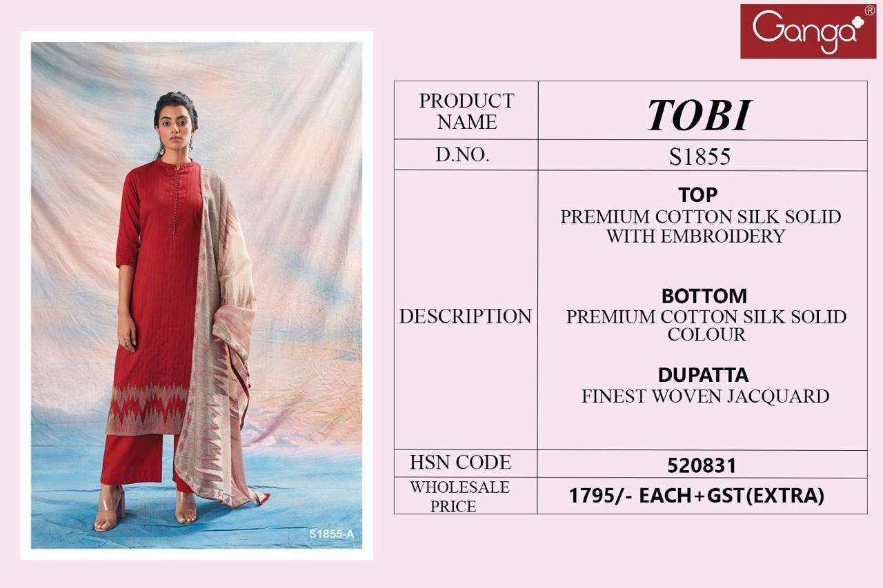 Tobi-1855 By Ganga Fashion 1855-A To 1855-B Series Beautiful Stylish Festive Suits Fancy Colorful Casual Wear & Ethnic Wear & Ready To Wear Cotton Silk Print Dresses At Wholesale Price