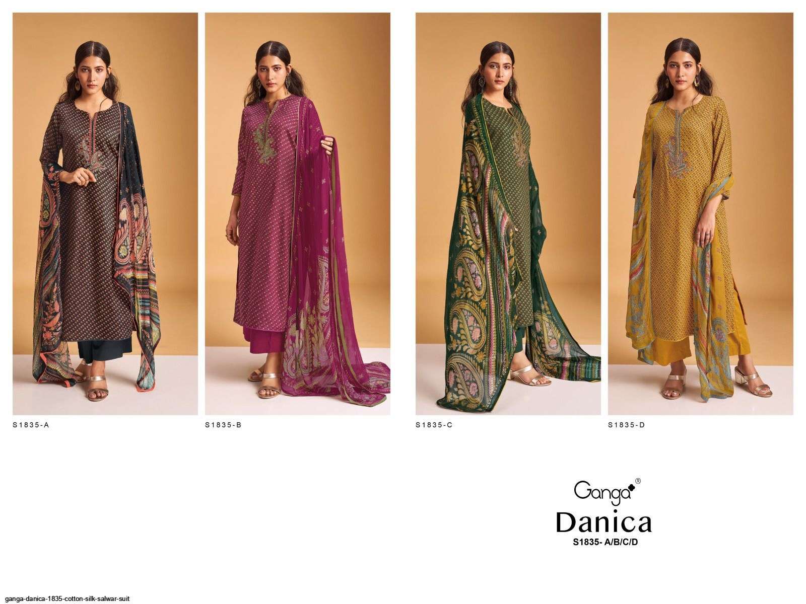 Danica-1835 By Ganga Fashion 1835-A To 1835-D Series Beautiful Stylish Festive Suits Fancy Colorful Casual Wear & Ethnic Wear & Ready To Wear Premium Cotton Silk Print Dresses At Wholesale Price