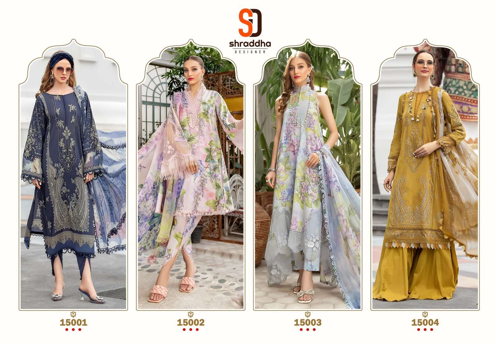 M Prints Vol-15 By Shraddha Designer 15001 To 15004 Series Pakistani Suits Beautiful Fancy Colorful Stylish Party Wear & Occasional Wear Lawn Cotton With Embroidery Dresses At Wholesale Price