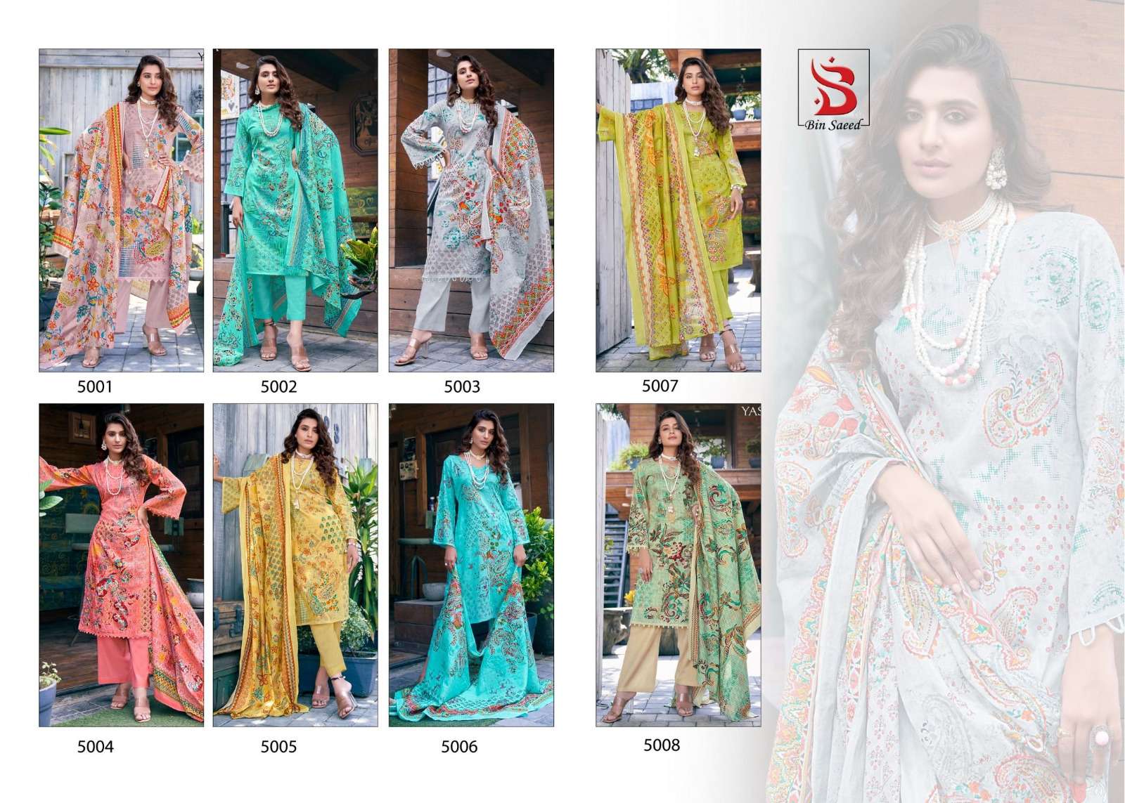 Mahnoor Vol-5 By Bin Saeed 5001 To 5008 Series Designer Festive Suits Beautiful Stylish Fancy Colorful Party Wear & Occasional Wear Pure Lawn Print Dresses At Wholesale Price