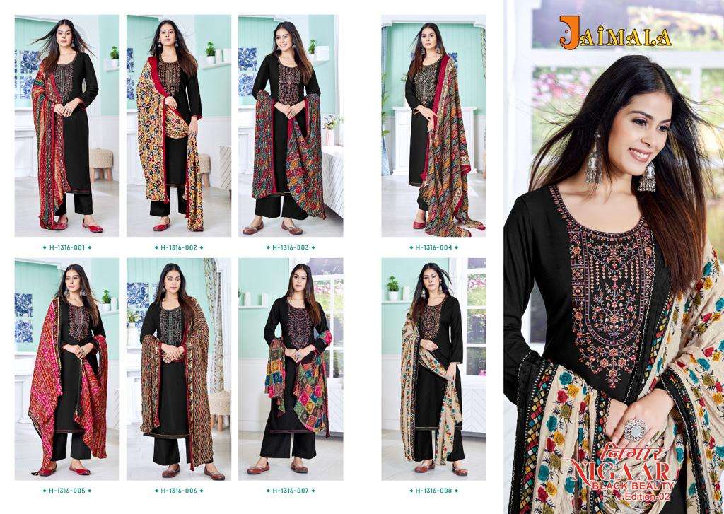Nigaar Black Beauty Vol-2 By Jaimala 1316-001 To 1316-006 Series Designer Suits Collection Beautiful Stylish Colorful Fancy Party Wear & Occasional Wear Rayon Slub Dresses At Wholesale Price