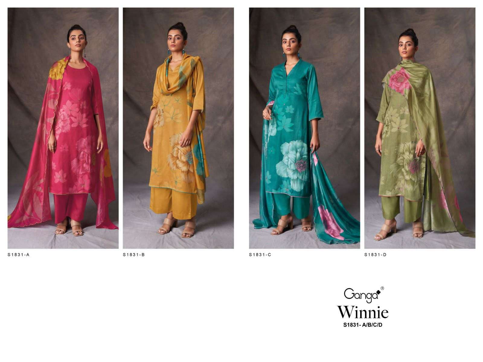 Winnie-1831 By Ganga Fashion 1831-A To 1831-D Series Beautiful Stylish Festive Suits Fancy Colorful Casual Wear & Ethnic Wear & Ready To Wear Cotton Silk Dresses At Wholesale Price