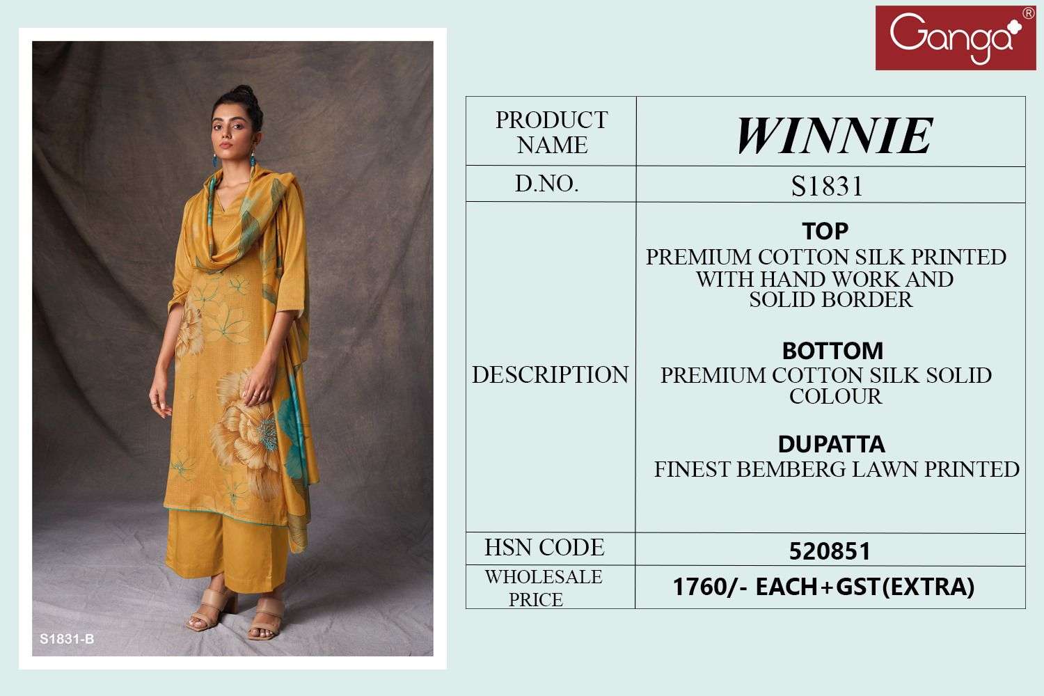 Winnie-1831 By Ganga Fashion 1831-A To 1831-D Series Beautiful Stylish Festive Suits Fancy Colorful Casual Wear & Ethnic Wear & Ready To Wear Cotton Silk Dresses At Wholesale Price