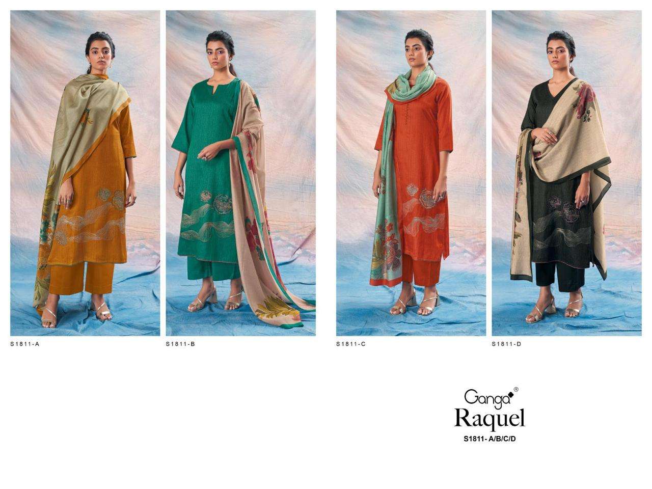 Raquel-1811 By Ganga Fashion 1811-A To 1811-D Series Beautiful Stylish Festive Suits Fancy Colorful Casual Wear & Ethnic Wear & Ready To Wear Cotton Silk Dresses At Wholesale Price