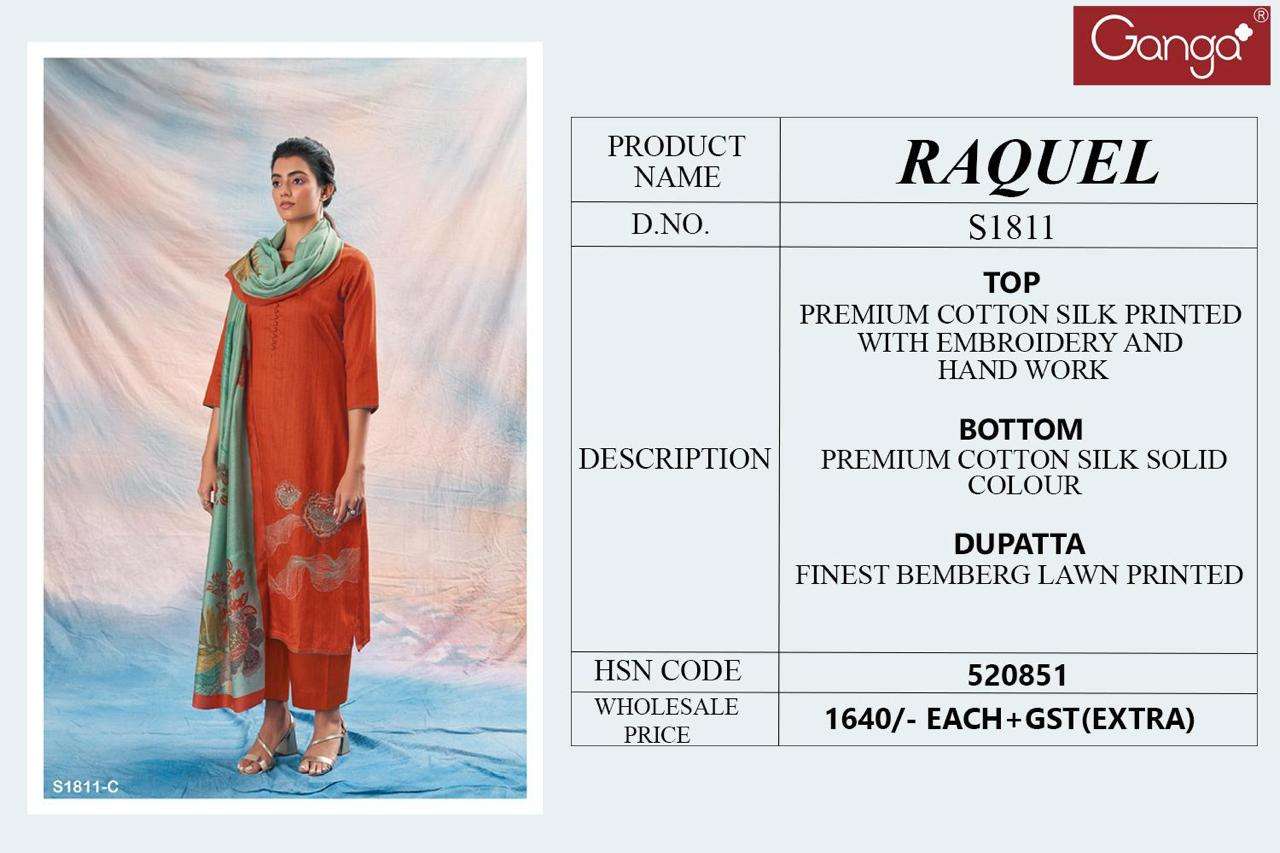 Raquel-1811 By Ganga Fashion 1811-A To 1811-D Series Beautiful Stylish Festive Suits Fancy Colorful Casual Wear & Ethnic Wear & Ready To Wear Cotton Silk Dresses At Wholesale Price