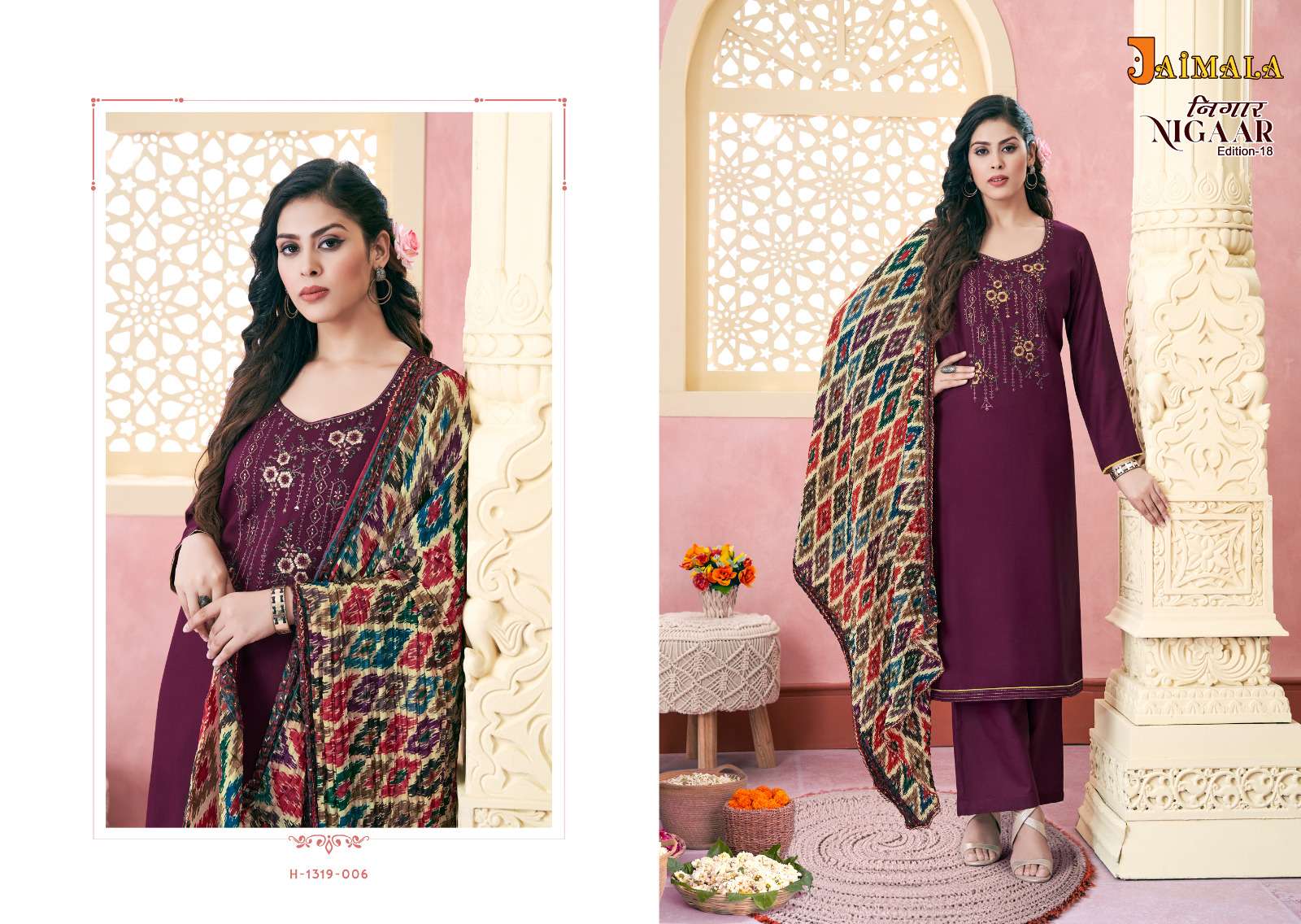 Nigaar Vol-18 By Jaimala 1319-001 To 1319-006 Series Designer Festive Suits Beautiful Fancy Stylish Colorful Party Wear & Occasional Wear Pure Rayon Slub Dresses At Wholesale Price