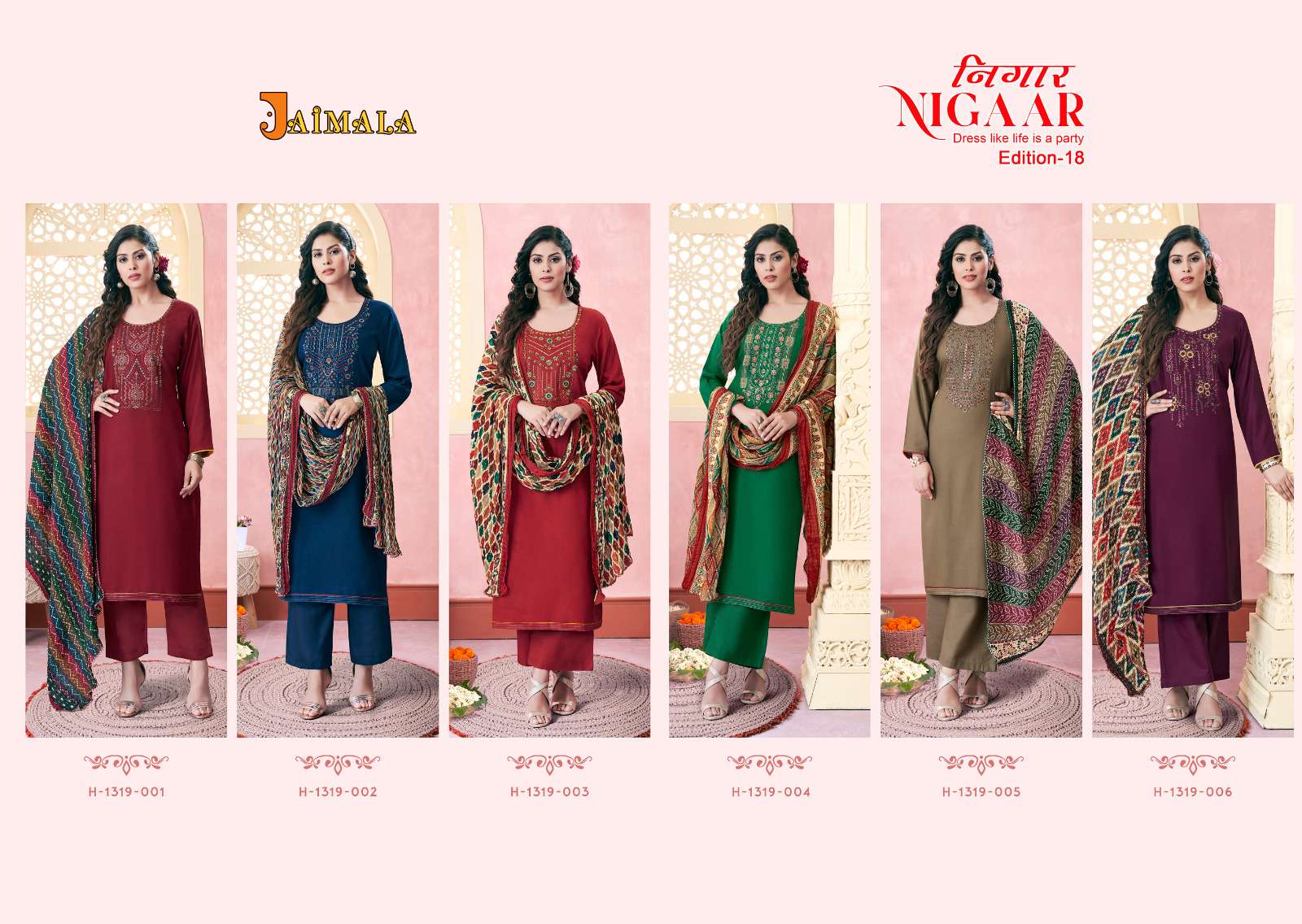 Nigaar Vol-18 By Jaimala 1319-001 To 1319-006 Series Designer Festive Suits Beautiful Fancy Stylish Colorful Party Wear & Occasional Wear Pure Rayon Slub Dresses At Wholesale Price