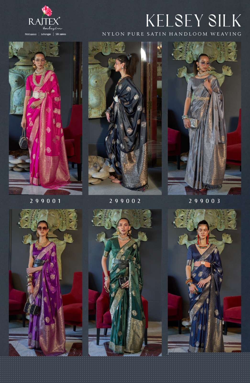Kelsey Silk By Raj Tex 299001 To 299006 Series Indian Traditional Wear Collection Beautiful Stylish Fancy Colorful Party Wear & Occasional Wear Nylon Satin Sarees At Wholesale Price