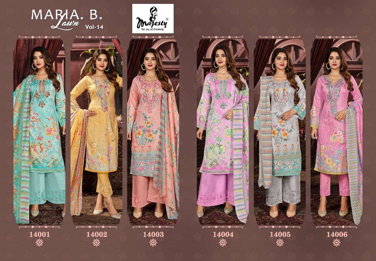 Maria.B. Lawn-14 By Majesty 14001 To 14006 Series Designer Pakistani Suits Beautiful Stylish Fancy Colorful Party Wear & Occasional Wear Jam Cotton Print Dresses At Wholesale Price