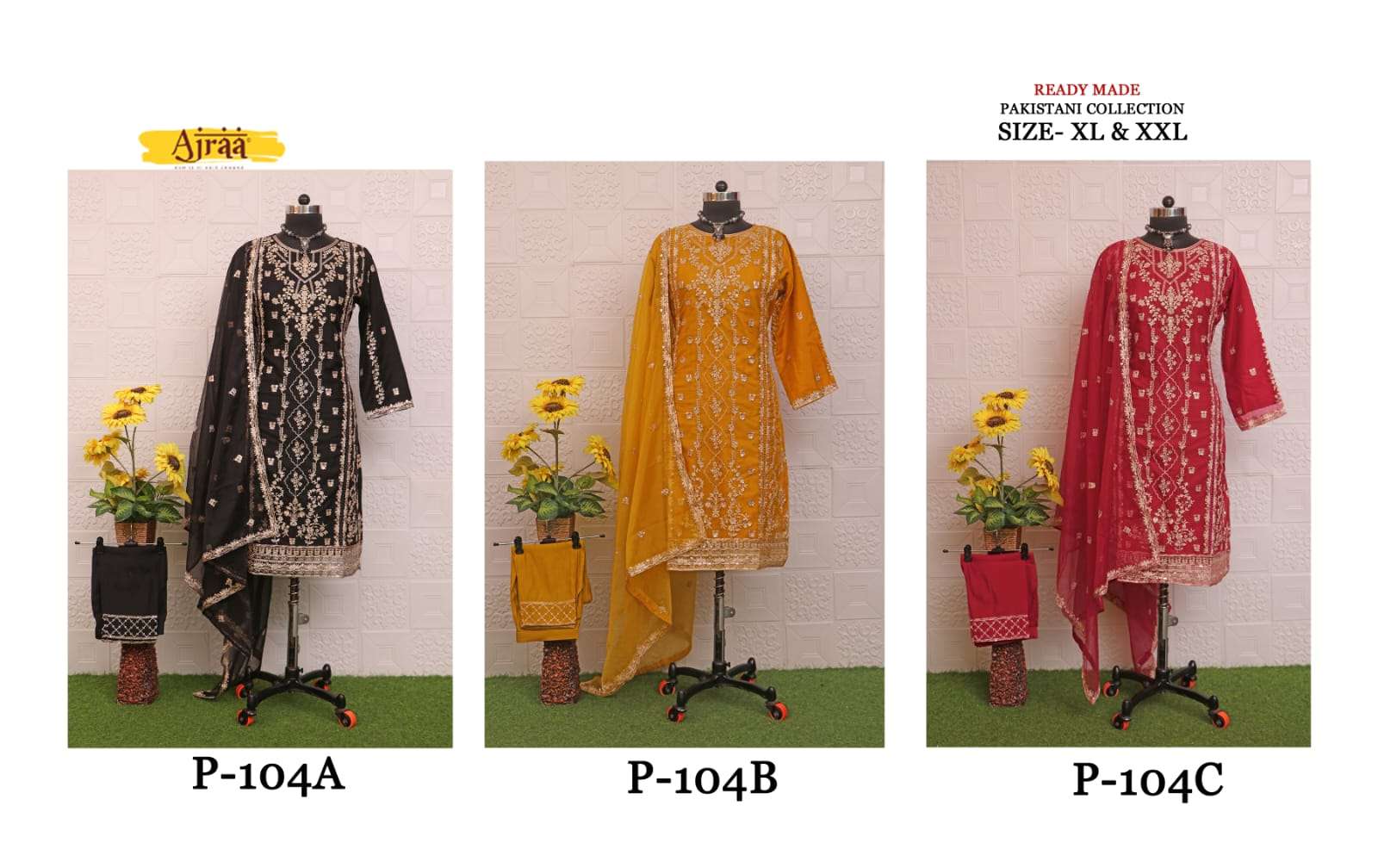 Ajraa 104 Colours By Ajraa 104-A To 104-C Series Pakistani Suits Beautiful Fancy Colorful Stylish Party Wear & Occasional Wear Pure Organza Embroidery Dresses At Wholesale Price