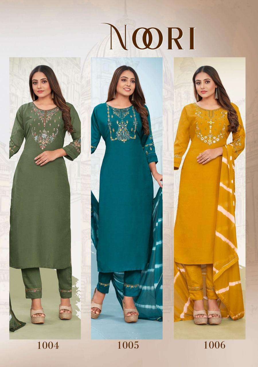 Noori By Ladies Flavour 1001 To 1006 Series Beautiful Suits Colorful Stylish Fancy Casual Wear & Ethnic Wear Heavy Chinnon Embroidered Dresses At Wholesale Price