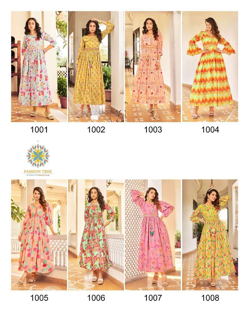 Fashionista Vol-1 By Passion Tree 1001 To 1008 Series Beautiful Stylish Fancy Colorful Casual Wear & Ethnic Wear Muslin Embroidered Gowns With Koti At Wholesale Price