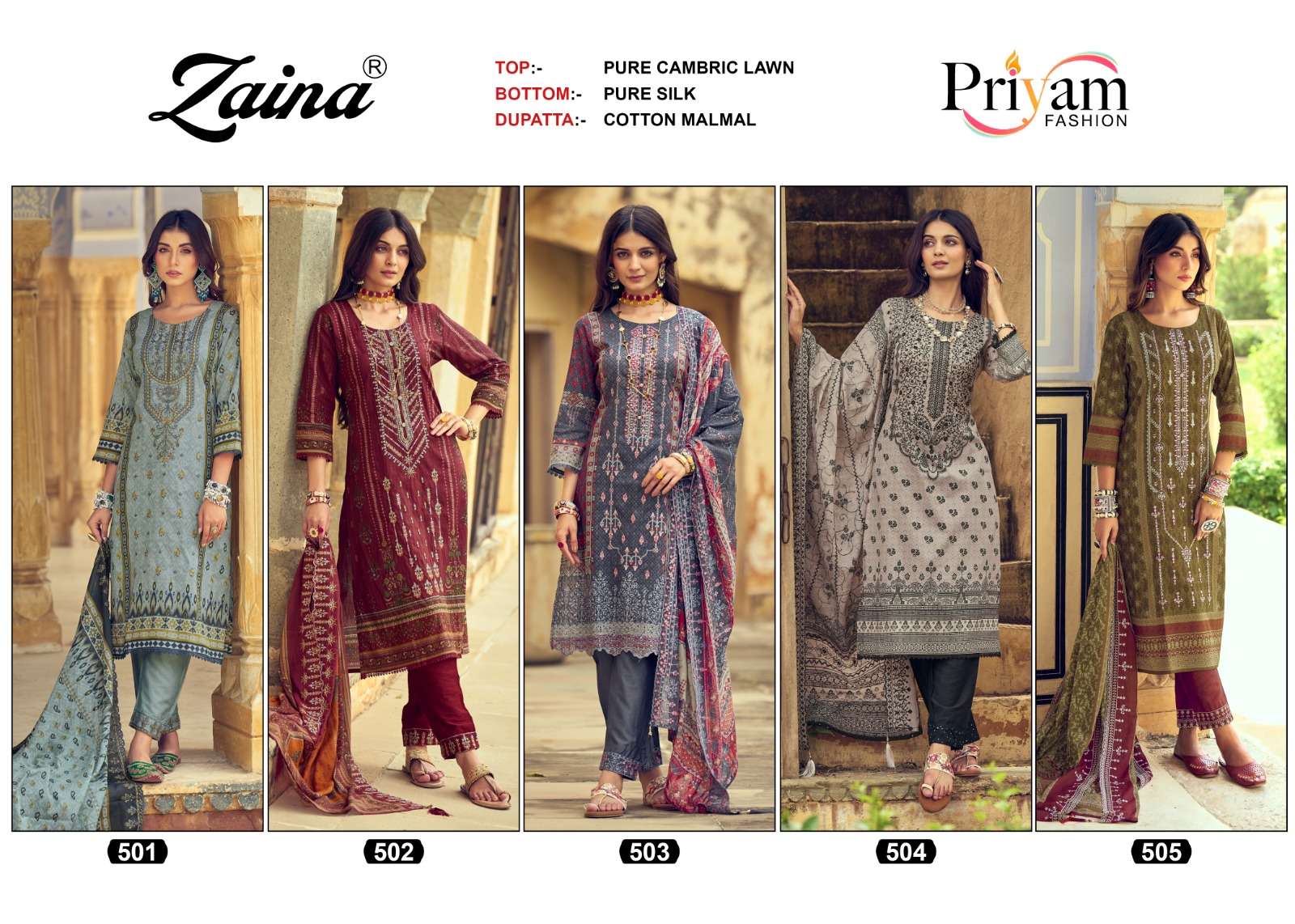 Karachi Print Vol-1 By Priyam 501 To 505 Series Beautiful Pakistani Suits Colorful Stylish Fancy Casual Wear & Ethnic Wear Pure Cambric Lawn Print Dresses At Wholesale Price