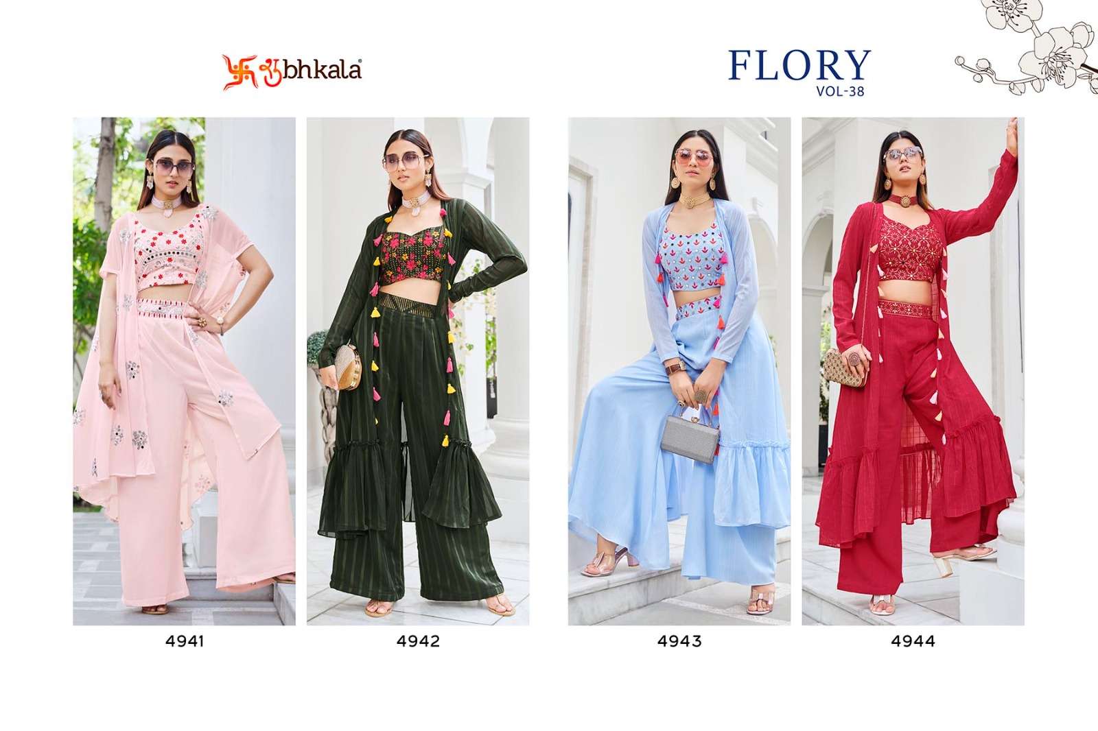 Flory Vol-38 By Shubhkala 4941 To 4944 Series Beautiful Stylish Fancy Colorful Casual Wear & Ethnic Wear Georgette Foil Tops With Palazzo At Wholesale Price