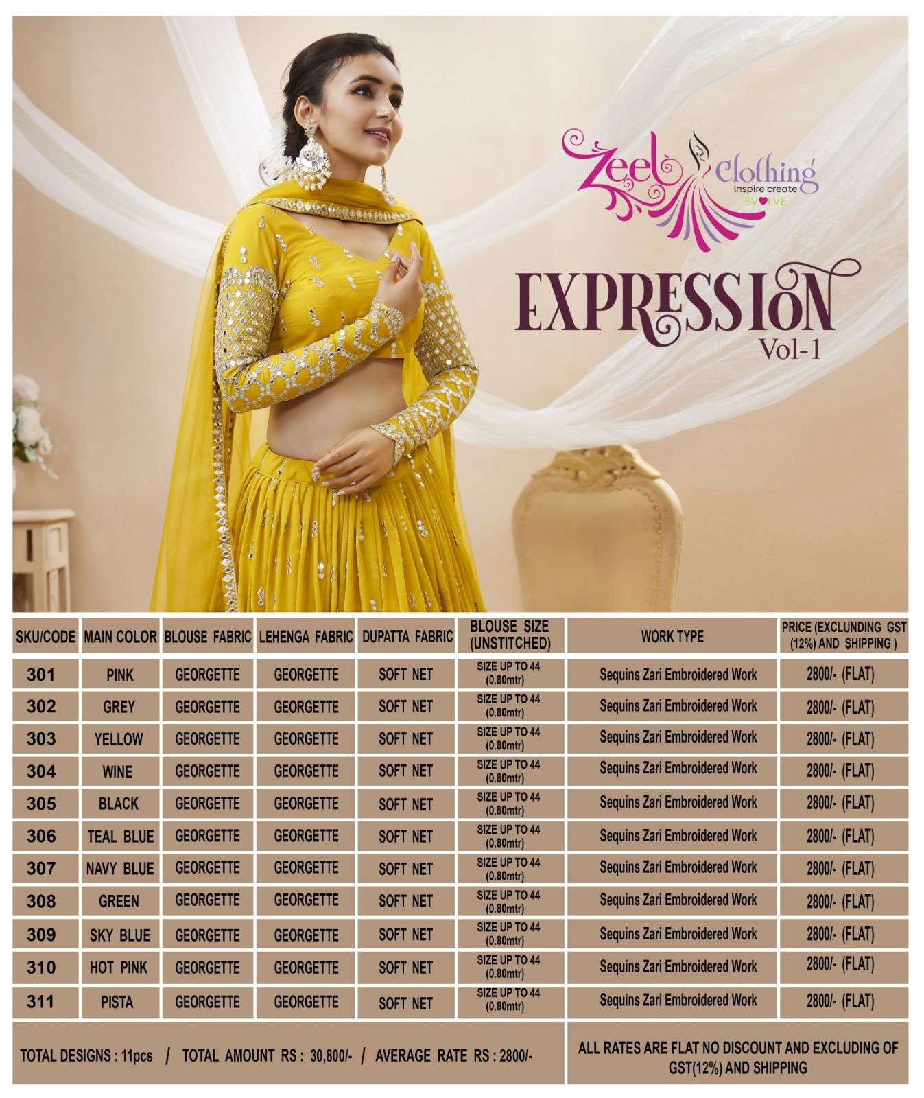 Expression Vol-1 By Zeel Clothing 301 To 311 Series Bridal Wear Collection Beautiful Stylish Colorful Fancy Party Wear & Occasional Wear Georgette Lehengas At Wholesale Price