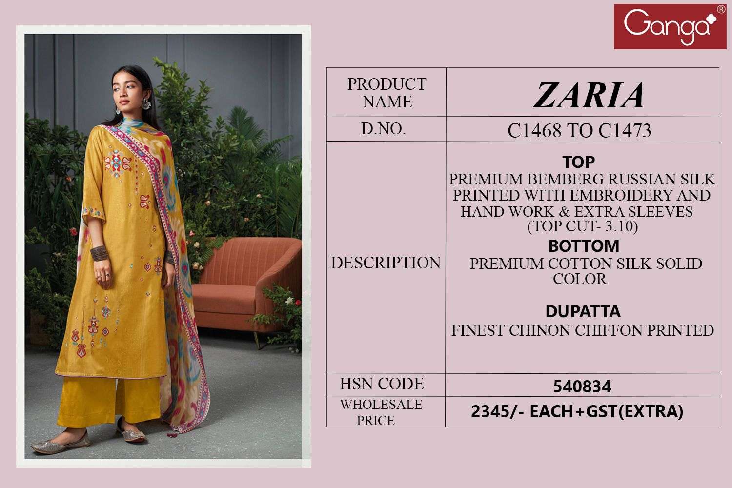 Zaria By Ganga Fashion 1468 To 1473 Series Beautiful Stylish Festive Suits Fancy Colorful Casual Wear & Ethnic Wear & Ready To Wear Bemberg Silk Dresses At Wholesale Price