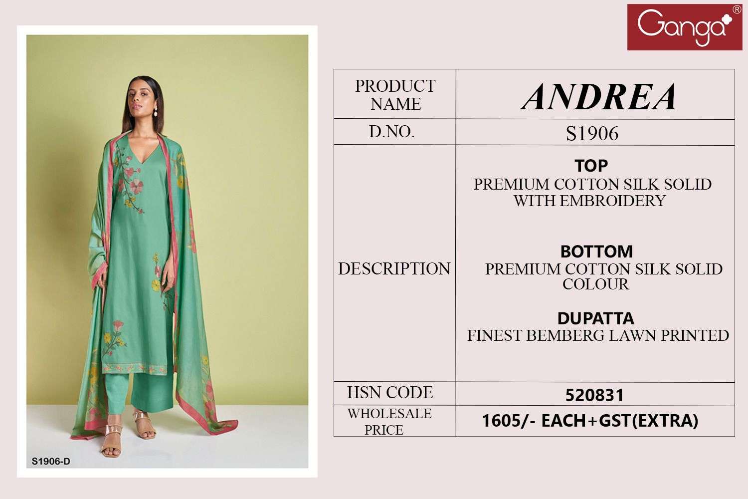 Andrea-1906 By Ganga Fashion 1906-A To 1906-D Series Beautiful Stylish Festive Suits Fancy Colorful Casual Wear & Ethnic Wear & Ready To Wear Cotton Silk Dresses At Wholesale Price