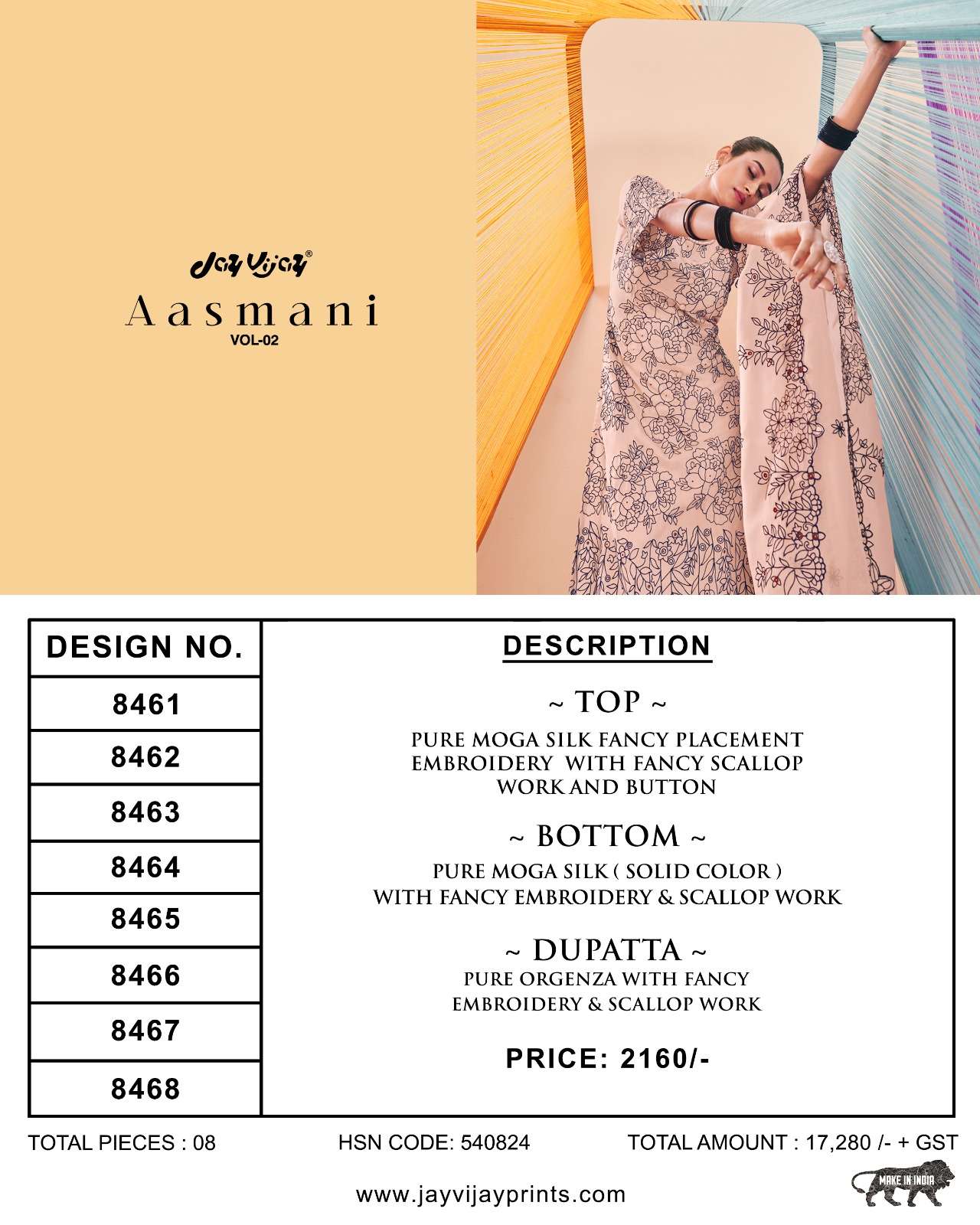 Aasmani Vol-2 By Jay Vijay Prints 8461 To 8468 Series Beautiful Pakistani Suits Colorful Stylish Fancy Casual Wear & Ethnic Wear Pure Silk Print Dresses At Wholesale Price